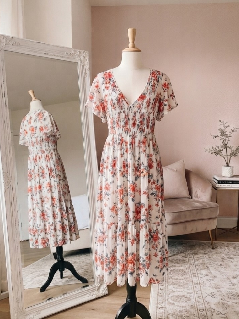 torrid Cream Floral Midi Dress with Coral Accents